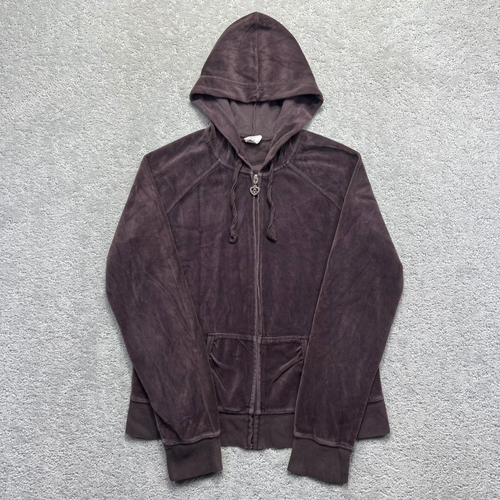 Y2k Old Navy Intimates Hoodie Womens Medium Brown Velour Zip Up Heart Lounge